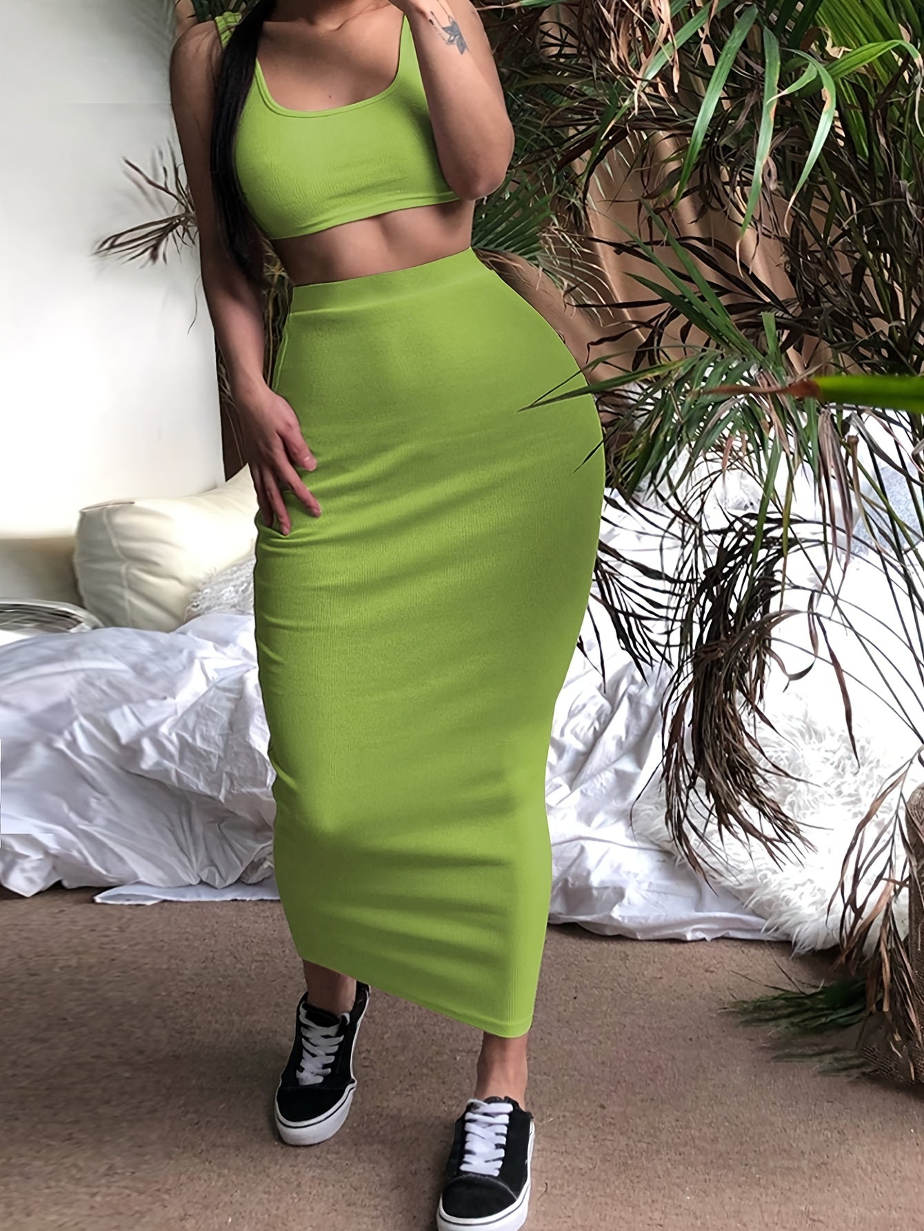 Solid Color Sexy Casual Skirt Set, Crop Tank Top & Bag Hit Skirt Outfits For Summer, Women's Clothing