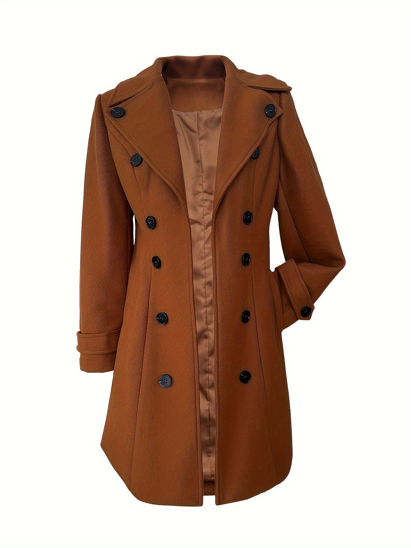 Elegant Solid Color Double-Breasted Overcoat for Women - Polyester, Machine Washable, Non-Stretch Fabric - Perfect for Fall/Winter