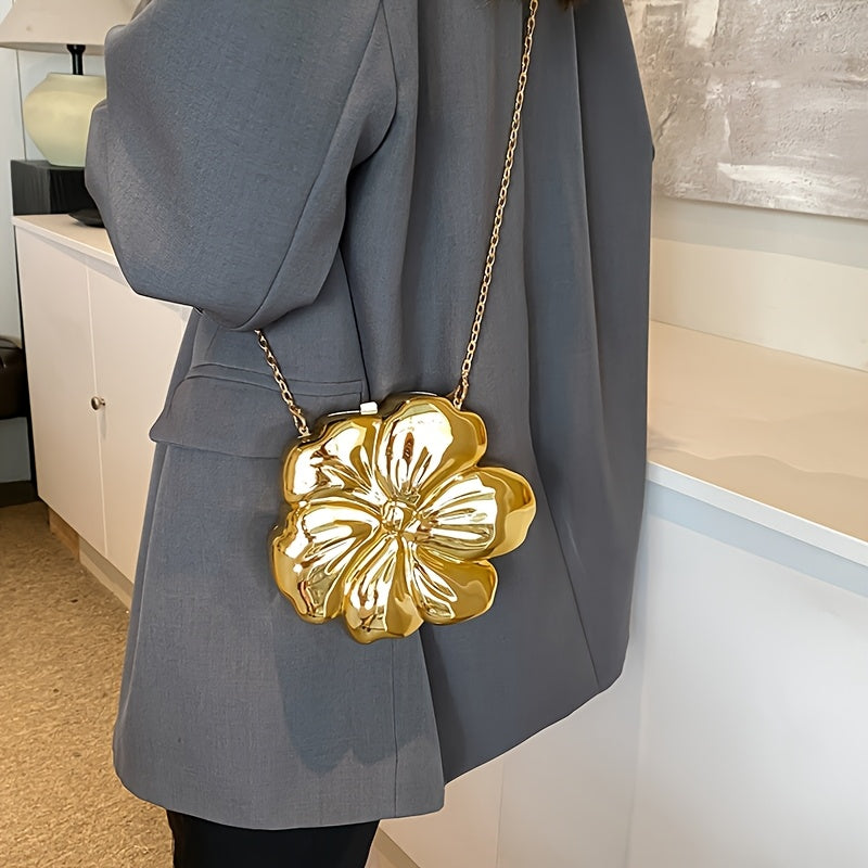 Y2K-Inspired Minimalist Golden Acrylic Crossbody Bag with Detachable Chain Strap – Stylish Flower Design for Women, Magnetic Closure, Perfect for Casual or Evening Outfits