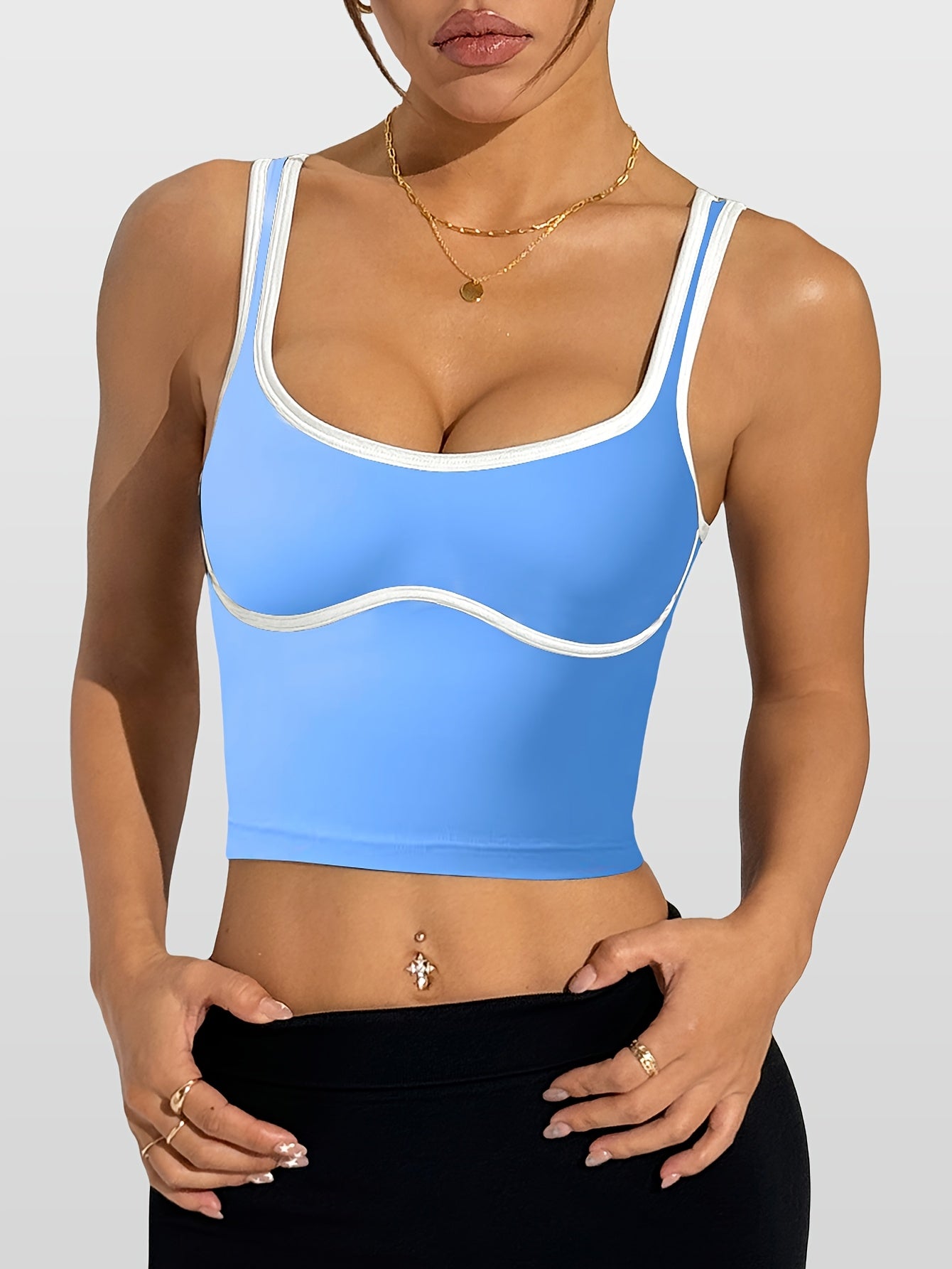 High-Stretch Fabric Yoga Tank Top with Contrast Binding - Black and White Striped Sports Vest for Outdoor Activities, Running & Fitness, Spring/Summer Wear