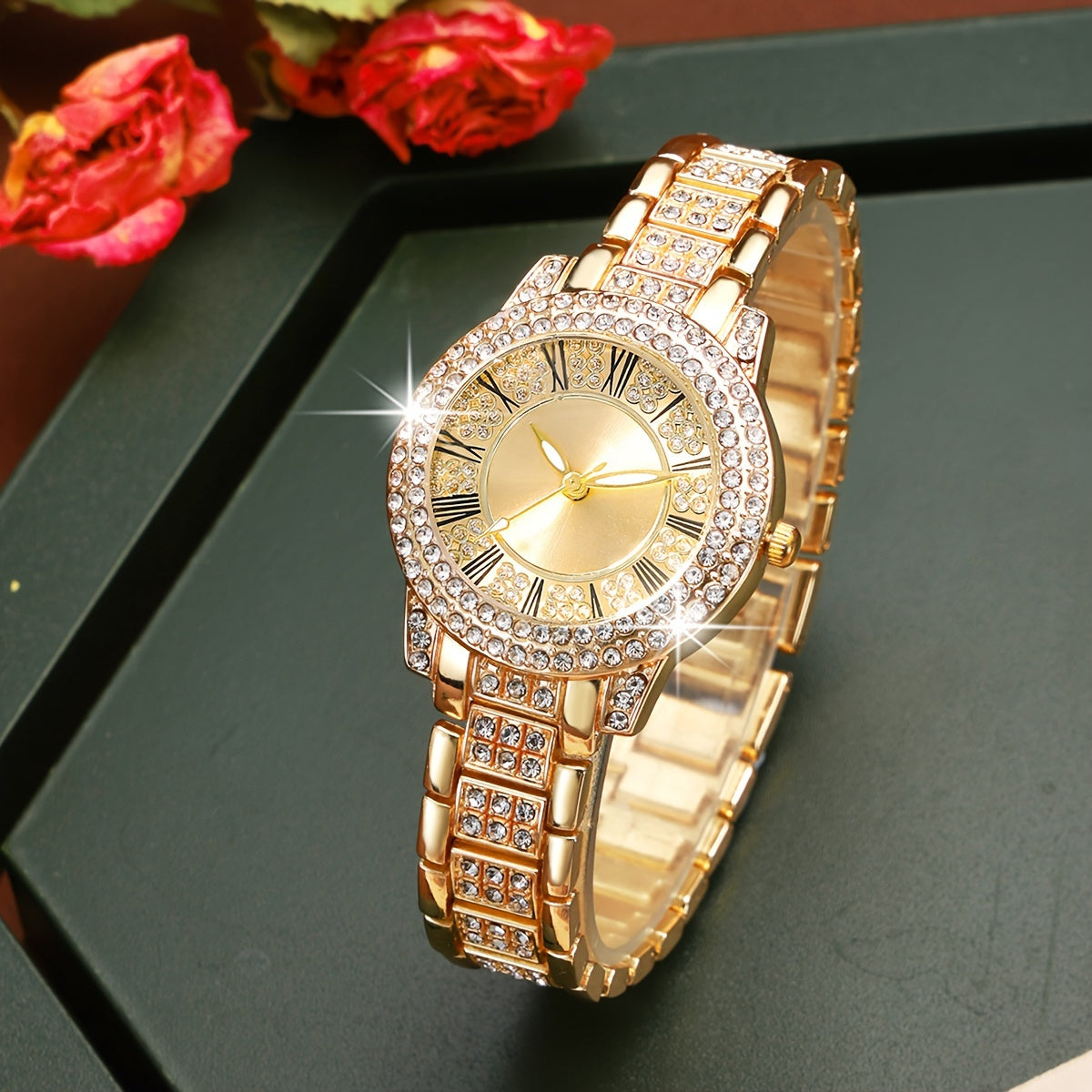 Middle East Ramadan Ladies Watch 1Set Ladies Watch Luxury Full Rhinestone Roman Dial Quartz Watch And Our Lady Of Guadalupe Pendant Necklace Earings Jewelry Set Suitable for Women Party Holiday Birthday Wear Or As Sisters The
