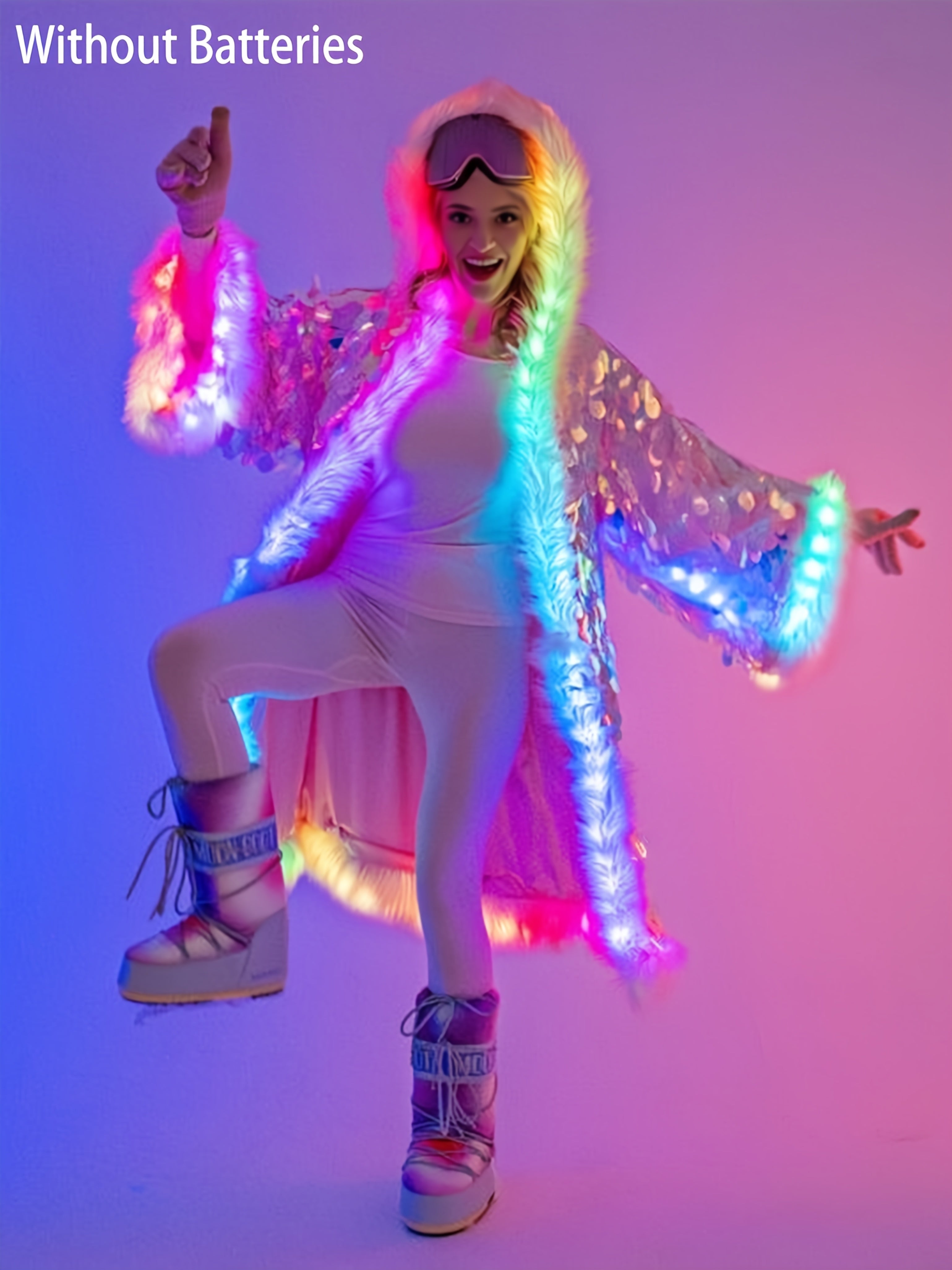 Women's LED Sequin Faux Fur Coat - Long Hooded Festival & Cosplay Outfit, USB-Powered, Flare Sleeves, Mermaid Tail Design, Vibrant Pink to Blue Gradient (Batteries Not Included), Cosplay Costume | Sequin Embellished | LED Lit