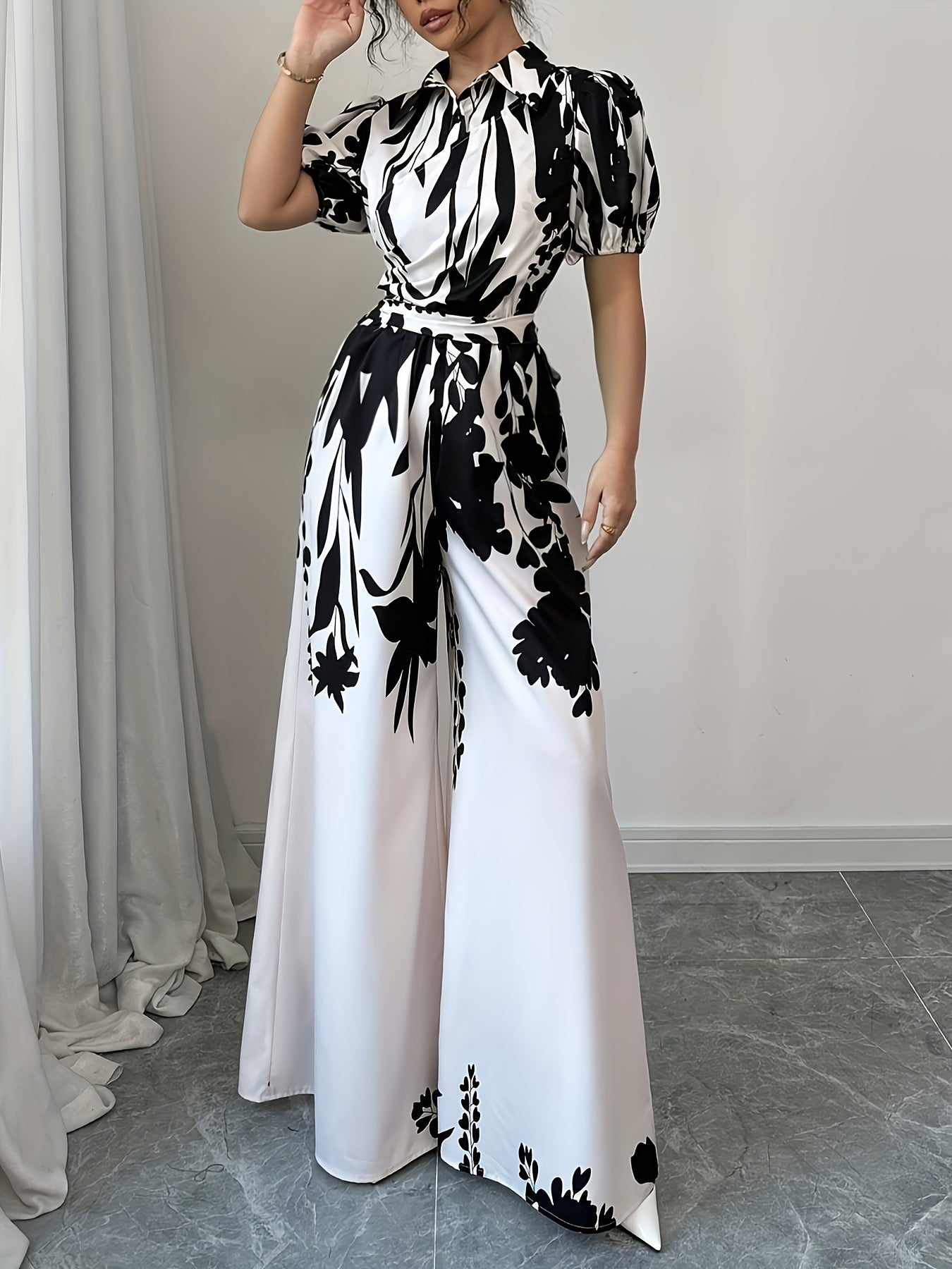 Elegant Floral Print Short Sleeve Long Palazzo Culottes with Belt for Adult, Going Out, Spring/Summe