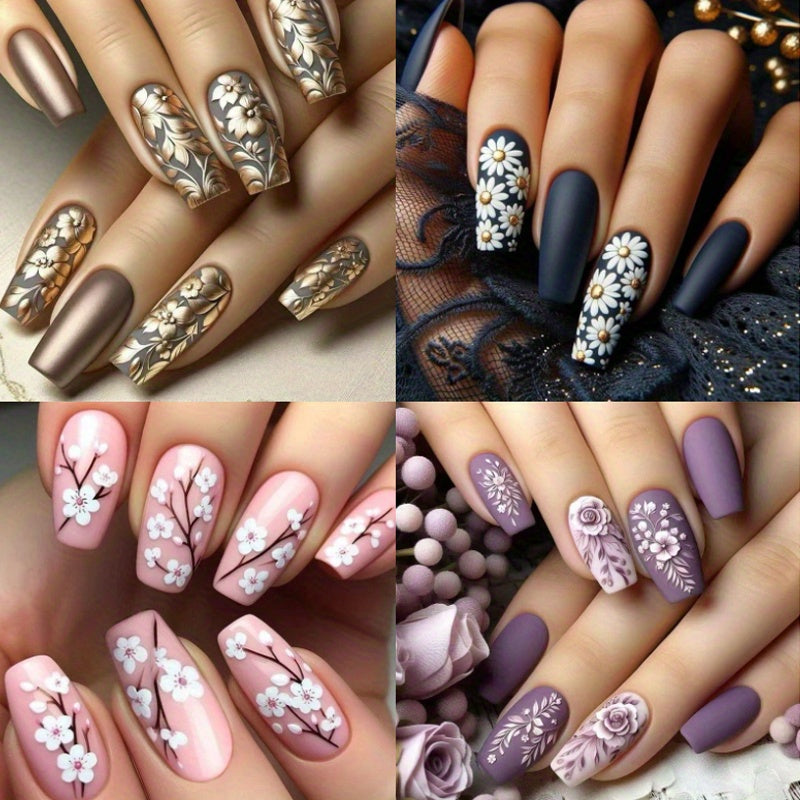 Christmas 96pcs (4pcs) Press-On Nails Set - Medium Length, 3D Flower Glossy Purple Finish with Floral Designs for Fashionable Fall & Winter Looks Christmas gift