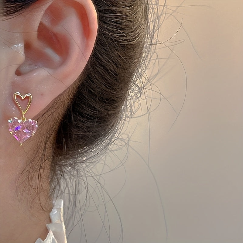 3pcs Y2K-Inspired Pink Heart Bling Jewelry Set - Sparkling Earrings and Necklace, Perfect for Daily Wear, Dates, Vacations & Parties, Date Night Jewelry|Heartshaped Bling|Goldtone Alloy, Jewelry & Accessories