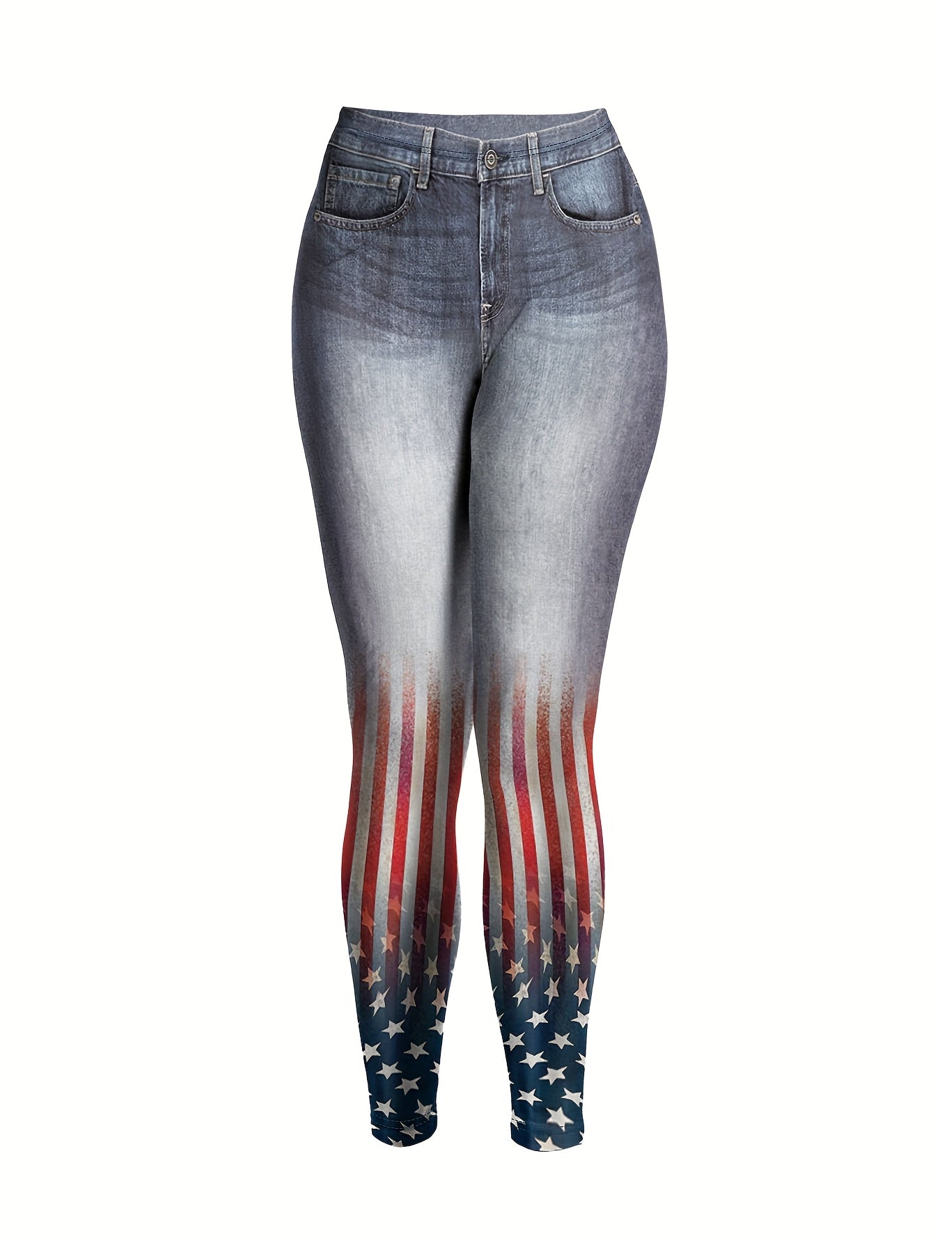 Women's High-Waisted Imitation Denim 3D All-Over Print Leggings - Patriotic American Flag Design, High-Stretch Machine-Washable Yoga Pants for Casual Wear & 4th of July Outfits, Seasonal Fashion | Stylish Flag Pattern | Comfo