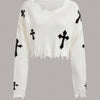 Women's Distressed Drop Shoulder Long Sleeve V-Neck Sweater - Elegant White Knit Pullover with Black Cross Pattern, Frayed Hem Detail, Acrylic Material for Spring/Summer, Ladies Sweaters