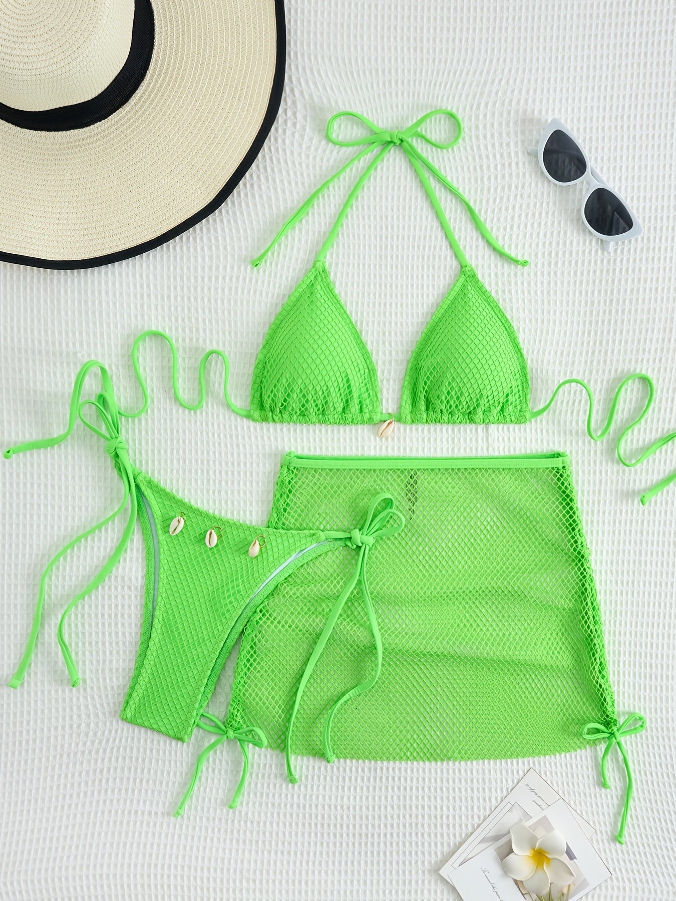 Solid Color 3pcs Bikini Set, Halter Neck with Mesh Tie Back and High Cut Sides, Cover-Up Wrap Swimsuit, Women's Swimwear and Clothing Triangle Top
