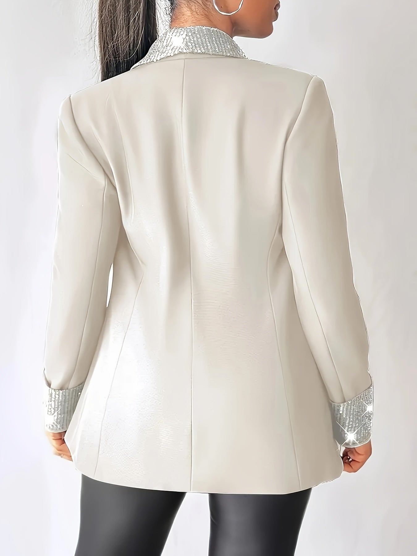 Women's Elegant Sequin-Trimmed Blazer - Chic Long Sleeve Jacket with Lapel Collar, Lightweight & Stylish for Spring/Summer/Fall, Perfect for Casual or Evening Wear, Seasonal Outerwear | Sophisticated Tailoring