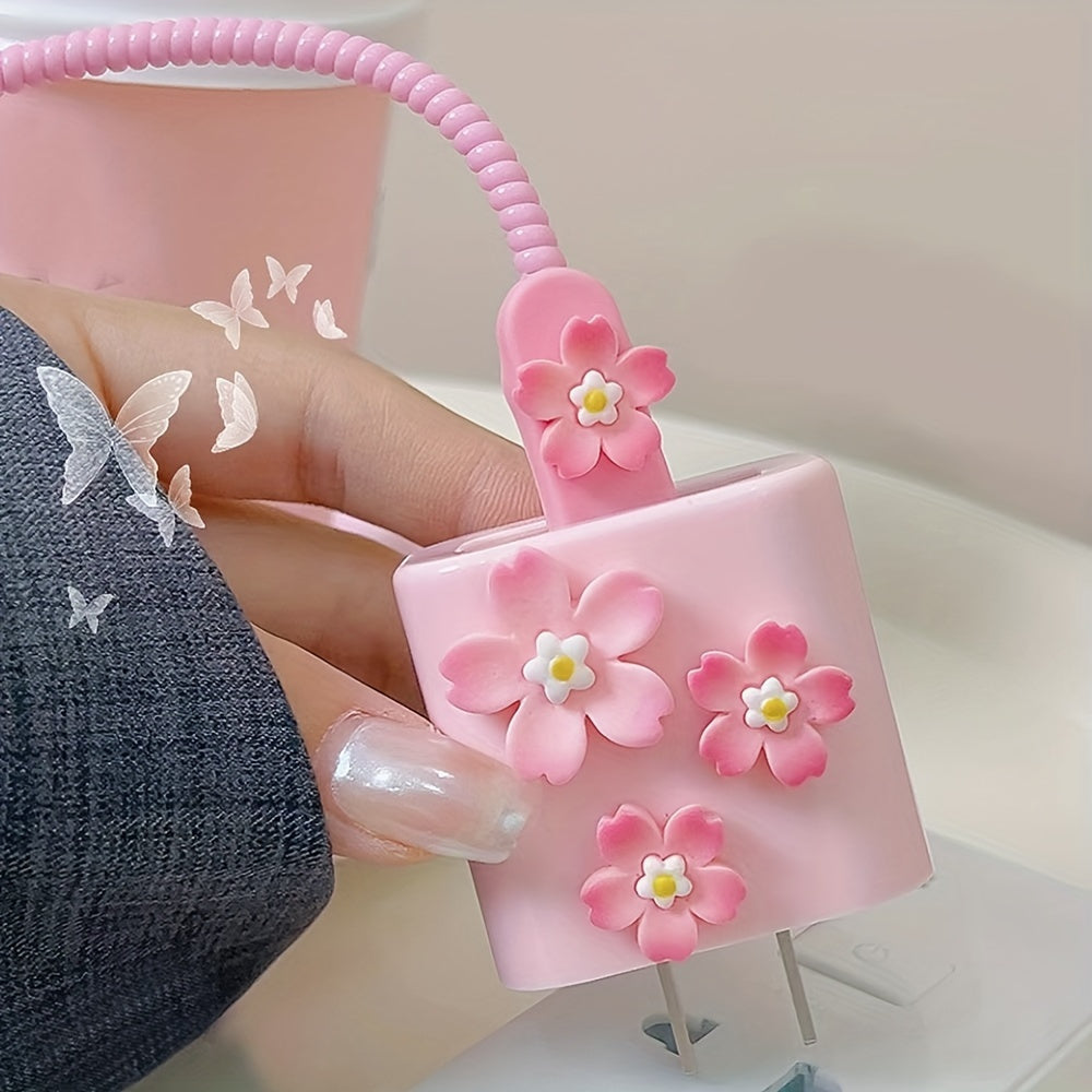 5pcs 3D Pink Floral TPU Charging Cable Saver Protector for iPhone 13/14 Pro Max 20W Chargers - Durable Cable Protector Sleeve Set for Apple Devices