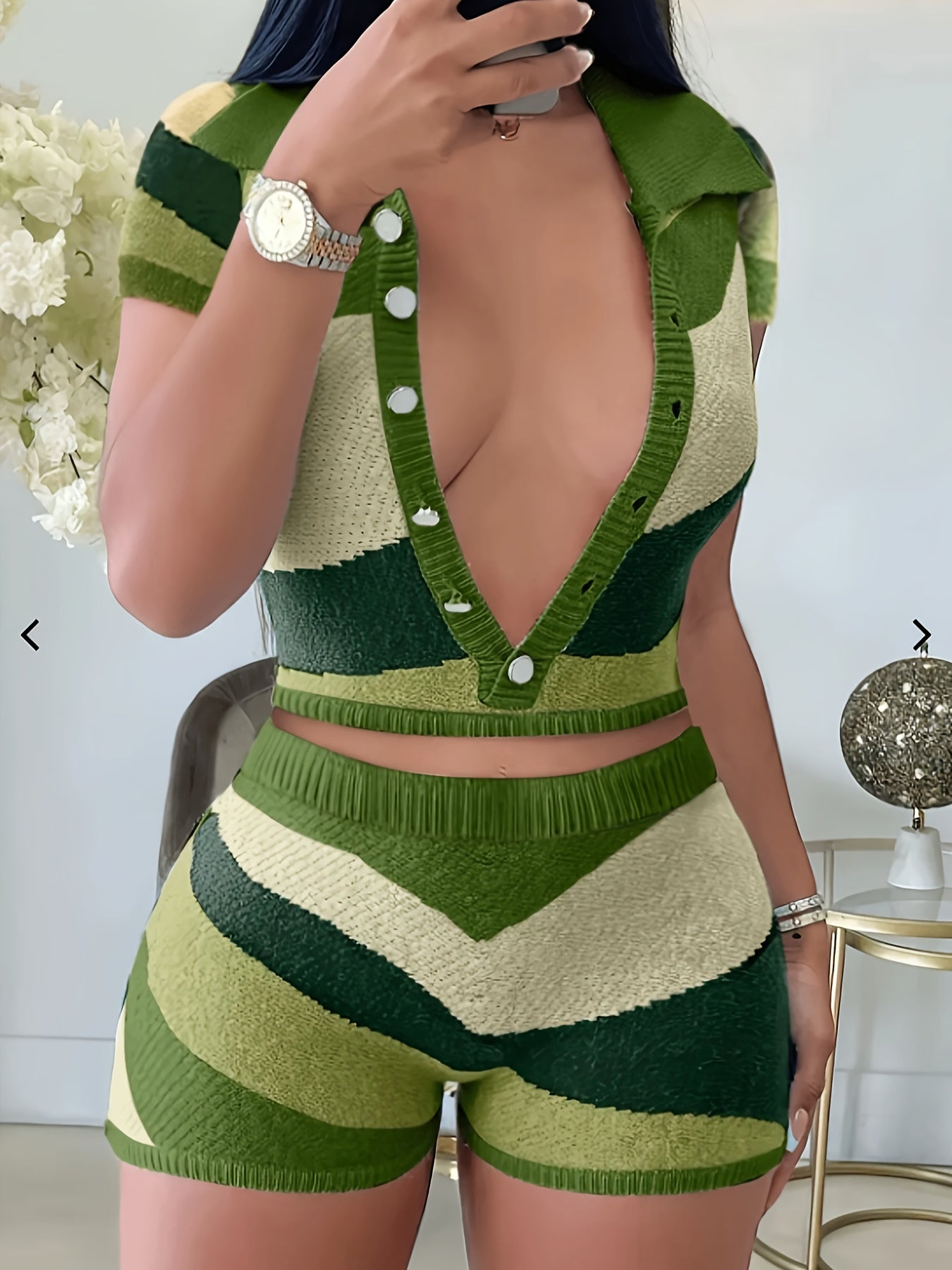 Versatile Comfort, Y2K-Inspired Color Block Two-Piece Set for Women - Button Front Collared Top & Shorts, Stretchy Polyester Blend, Machine Washable