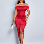 Women's Off-Shoulder Pleated Satin Asymmetrical Party Dress