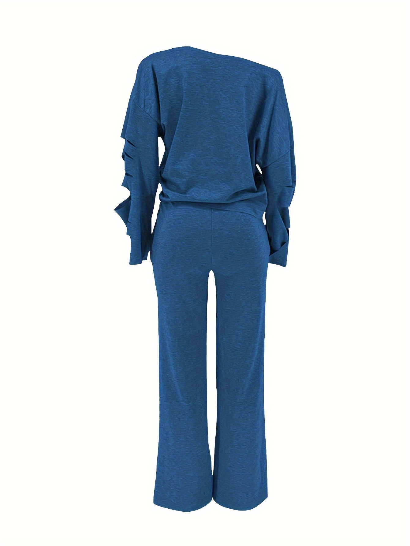 Casual Solid Cut Out Two-piece Set, Long Sleeve Asymmetric Top & Long Pants Outfits, Women's Clothing