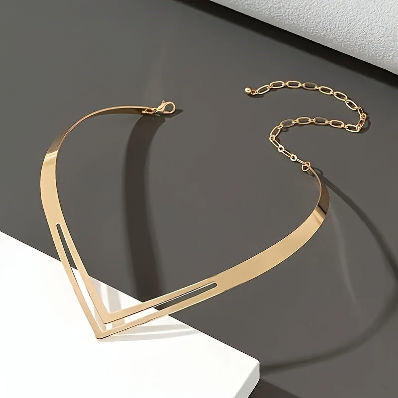 Elegant Double V-Shaped Clavicle Necklace – Minimalist Hollow Pendant, 14K Gold Plated Alloy, Dainty Jewelry for Women, Party & Everyday Wear