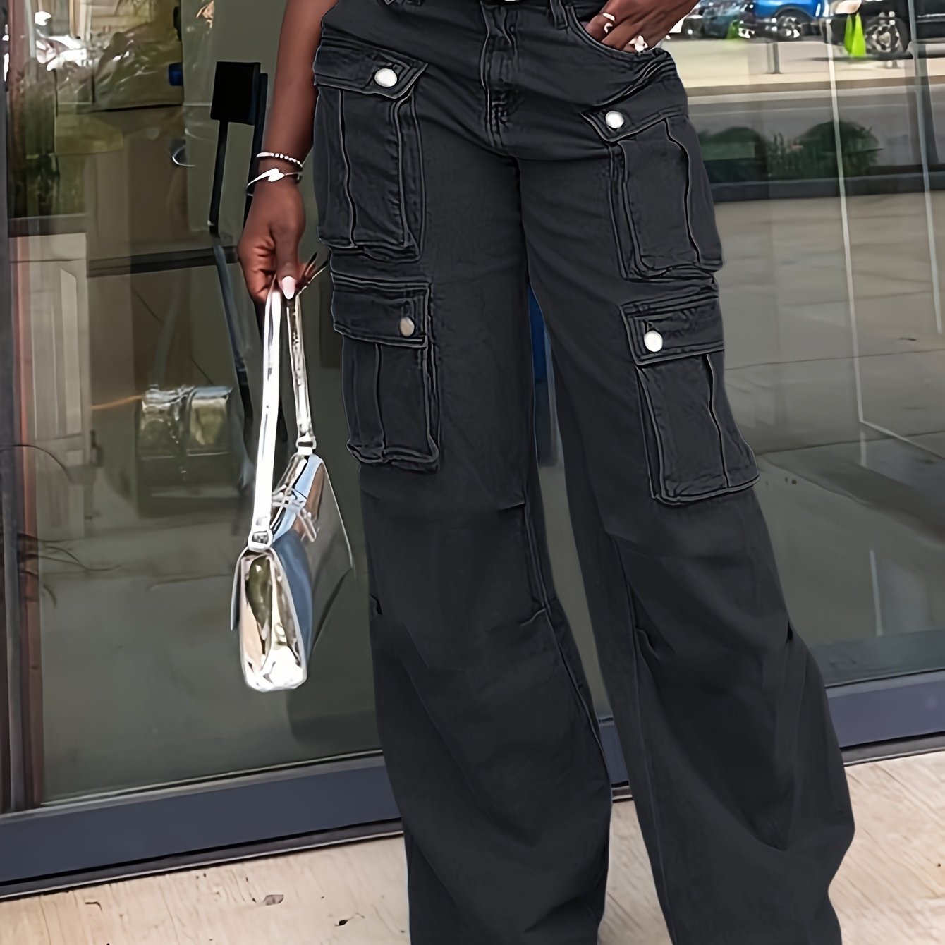 Ladies' Fashionable Retro Y2K Work Pants, High Waist Loose Wide Legs, Pockets, Comfortable Casual Style, Street Fashion Denim Pants