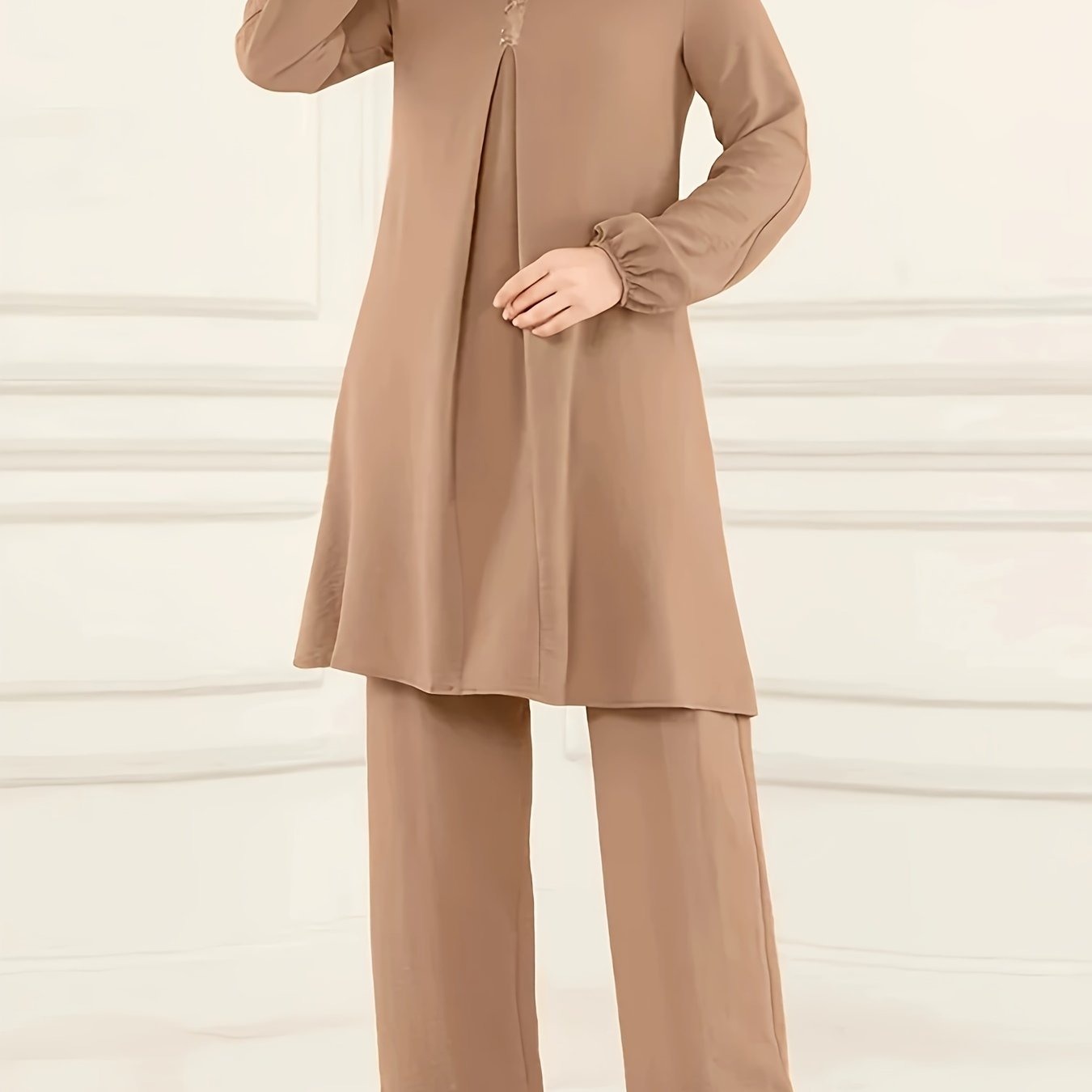 Ramadan Elegant Solid Muslim Two-piece Set, Long Sleeve Crew Neck Top & Straight Leg Pants Outfits, Women's Clothing