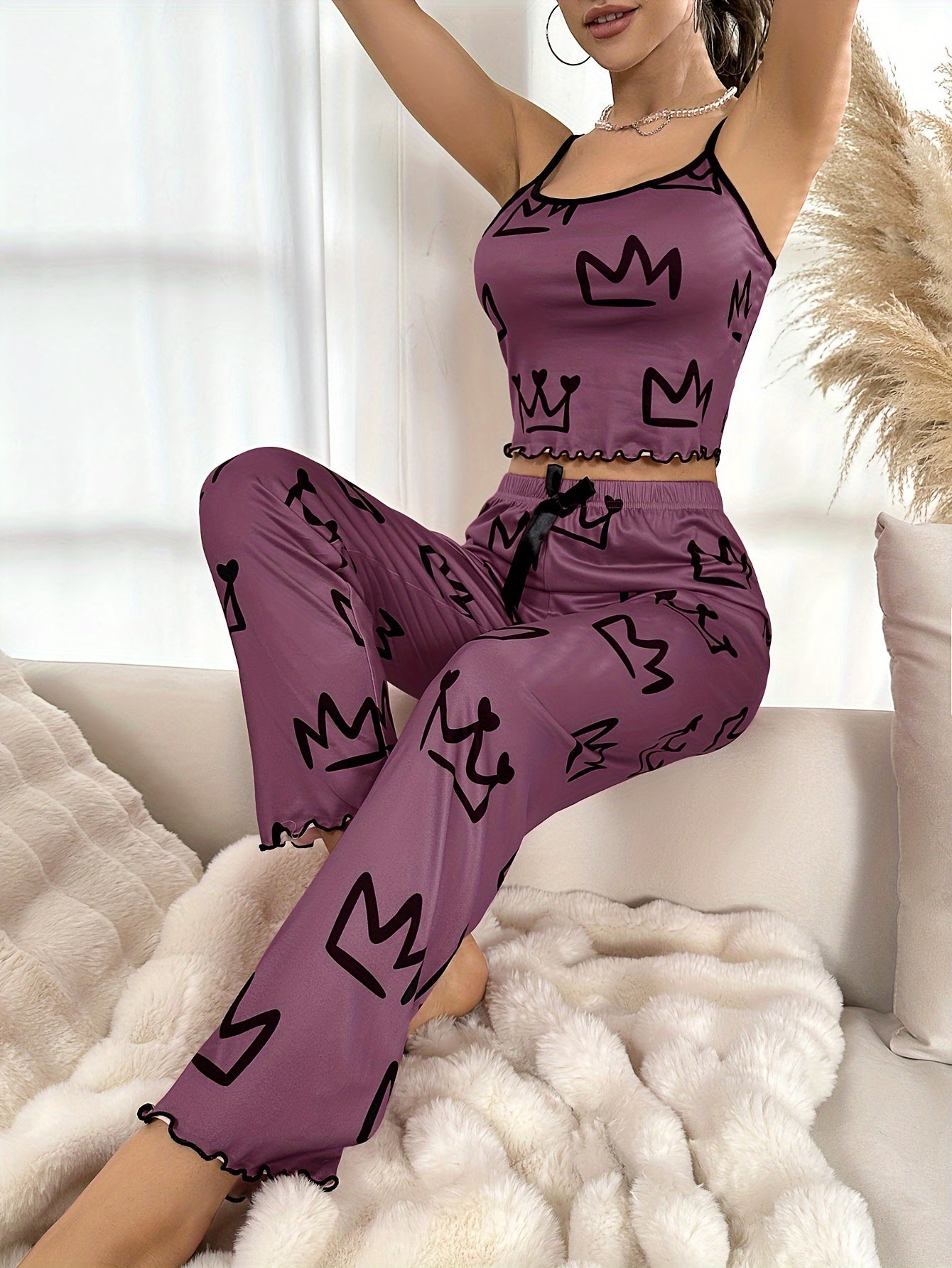 Adult Crown Print Pajama Set - Sexy Style, Sleeveless Spaghetti Strap Top & Long Pants with Bow Detail, Polyester Blend, All-Season Comfort, Bedroom Essentials|Sexy Pajama Set|Polyester Fabric