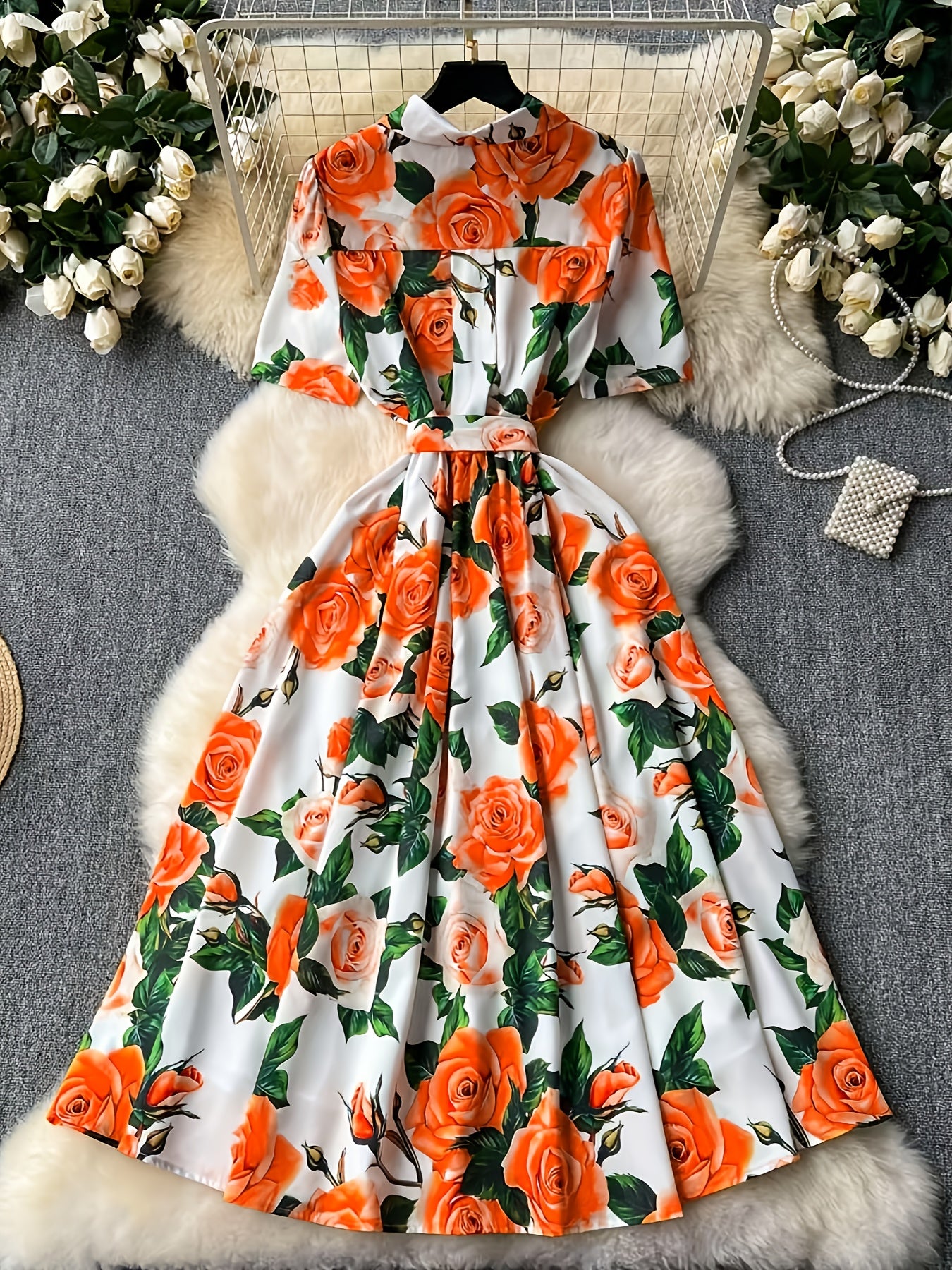 Elegant Women'S Floral Print Dress with Short Sleeves, Lapel Collar, and Cinched Waist - Romantic Rose Design, Perfect for Spring Outings, Garden Parties, and Casual Events, Garden Party Dress | Floral Print Dress | Stylish D
