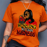 [Stylish T-Shirt] Polyester Women's Casual T-Shirt - Stylish Cartoon Character Print "MINDING MY OWN BUSINESS" Design, Machine Washable, All-Season Wear