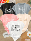 A Set of 5 Stylish Vintage Graphic Letter Pattern T-Shirts for Women, Suitable for Spring, Autumn, And Summer, Featuring a Round Neck And Short Sleeves, Available in Multiple Colors from S to XXL.