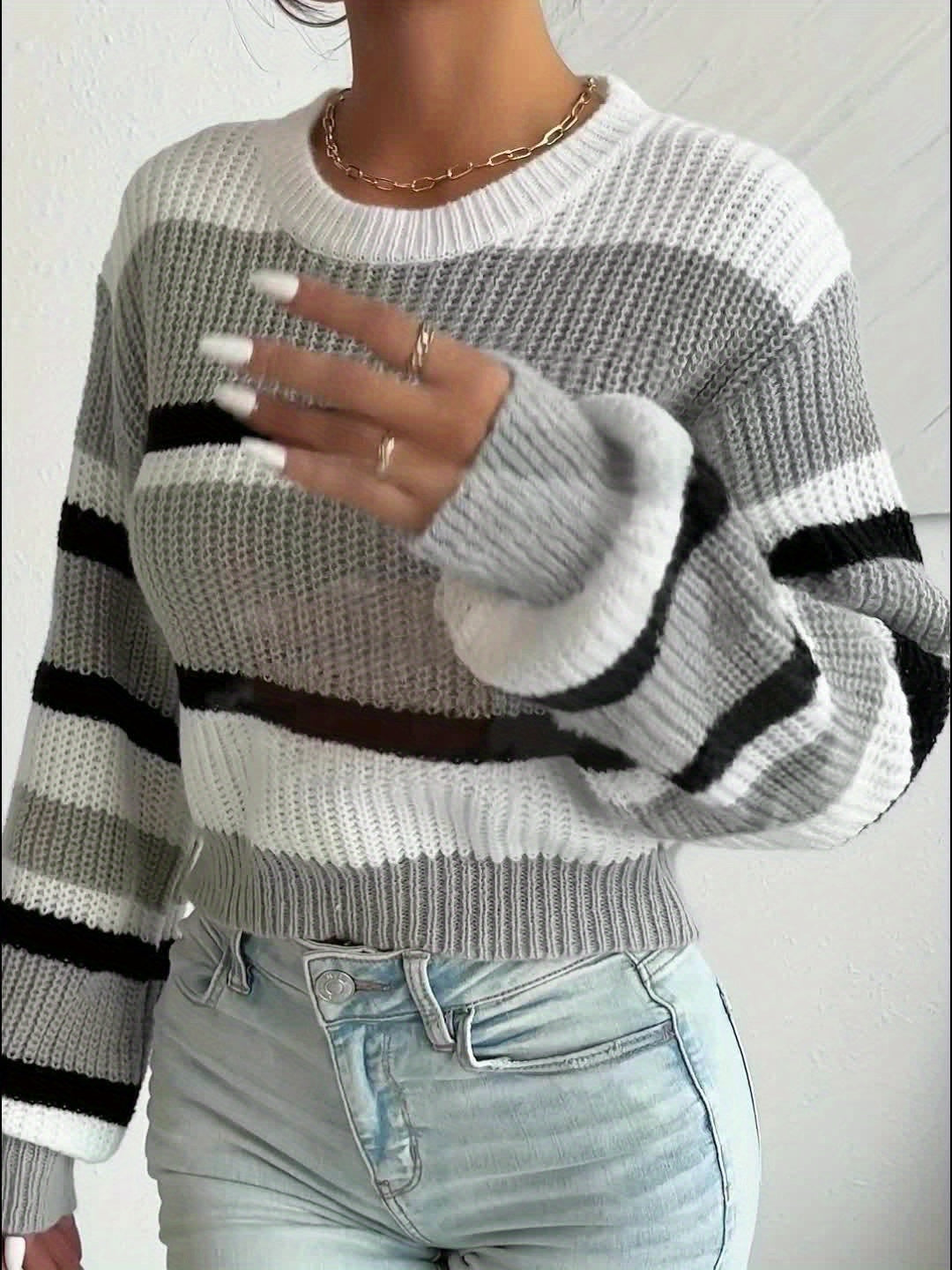 Casual Colorblock Knitted Crew Neck Sweater - Drop Shoulder Long Sleeve - Women's Clothing