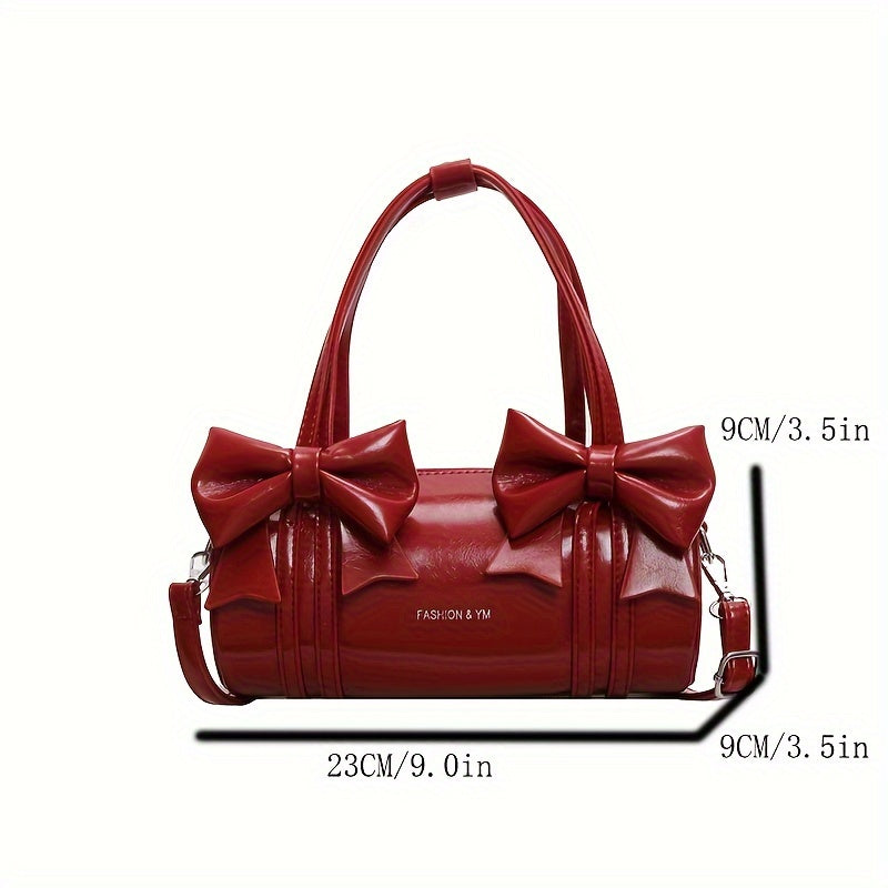 [Chic Appeal] Stylish Black Bow Tie Handbag - Large Capacity Crossbody Bag with Detachable Shoulder Strap, Elegant Glossy Finish & Polyester Lining, Crossbody Purse