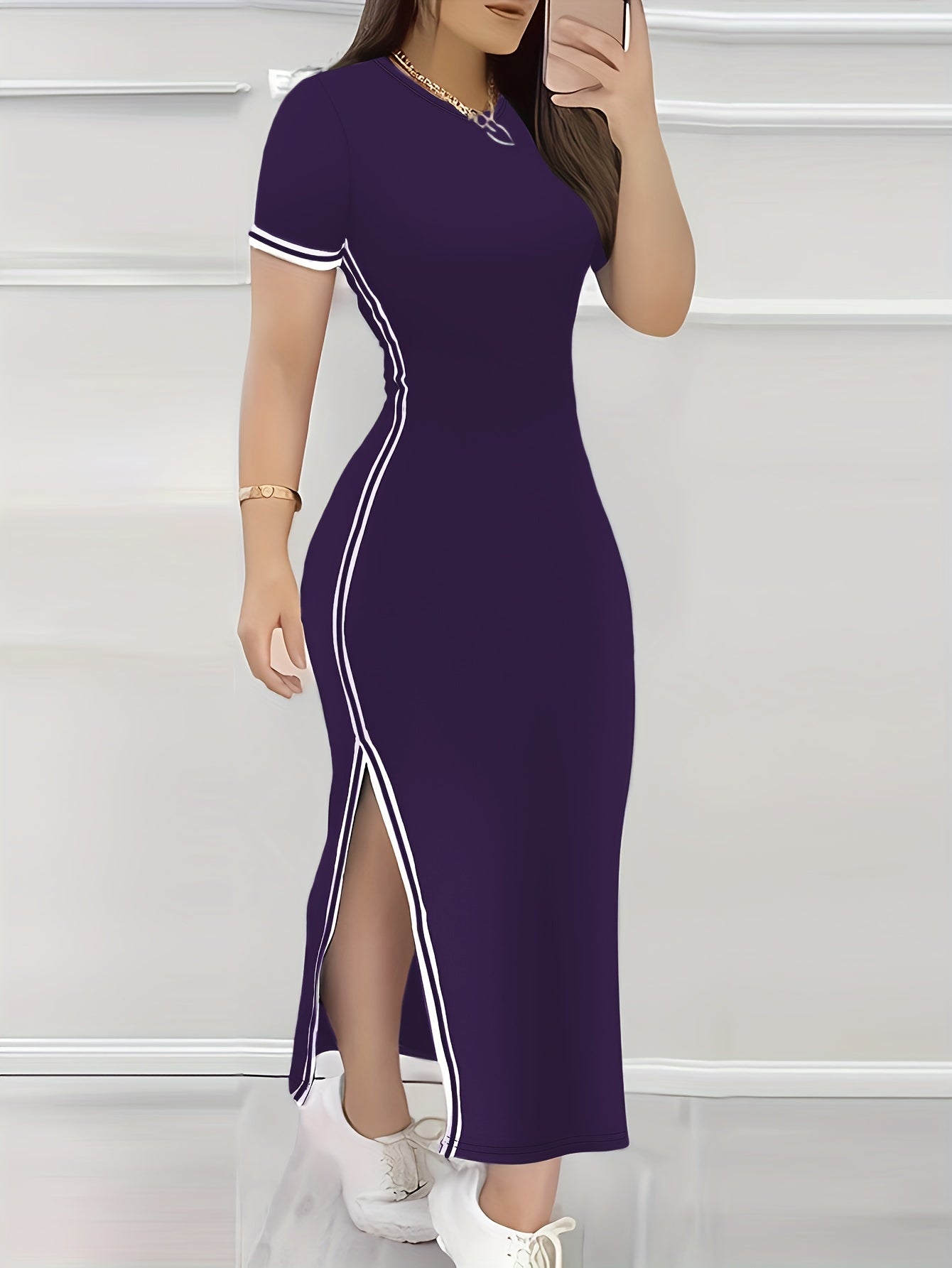 Women's Contrast Trim Split Hem Bodycon Dress - Elegant Crew Neck Short Sleeve Dress For Spring & Summer - For Women - Perfect for Parties & Casual Occasions - Stylish Gift for Fashionable Ladies