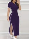 Women's Contrast Trim Split Hem Bodycon Dress - Elegant Crew Neck Short Sleeve Dress For Spring & Summer - For Women - Perfect for Parties & Casual Occasions - Stylish Gift for Fashionable Ladies