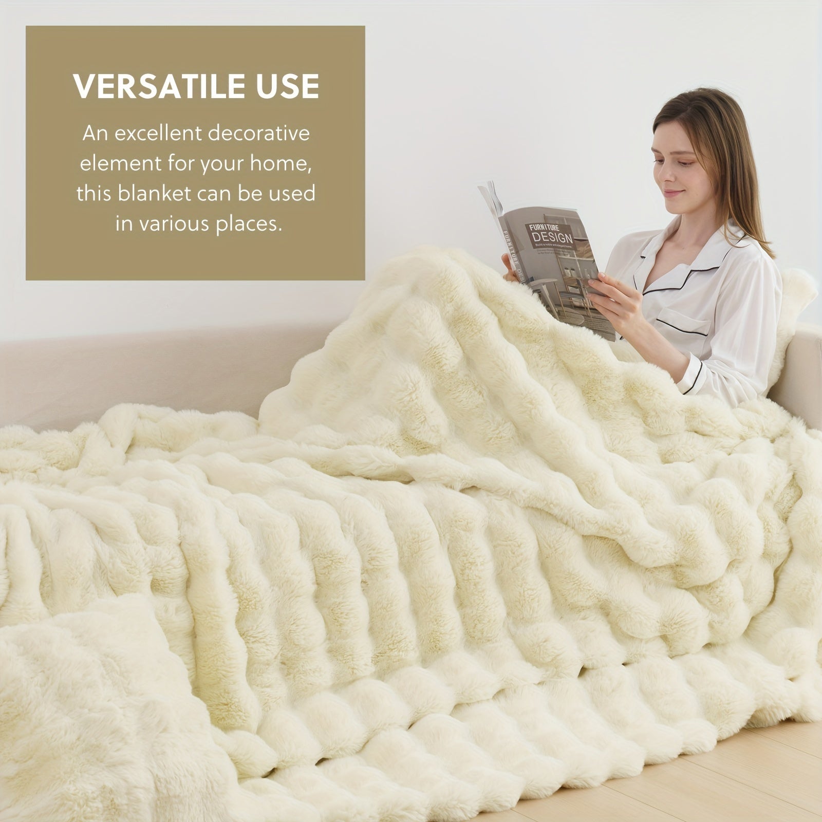1PC Faux Rabbit Fur Queen Blanket For Bed, Thick & Warm Bed Blankets For Winter, Soft Cozy Fluffy Decorative Blankets For Living Room, Bedroom, Heavy Furry Luxury Blanket Gifts
