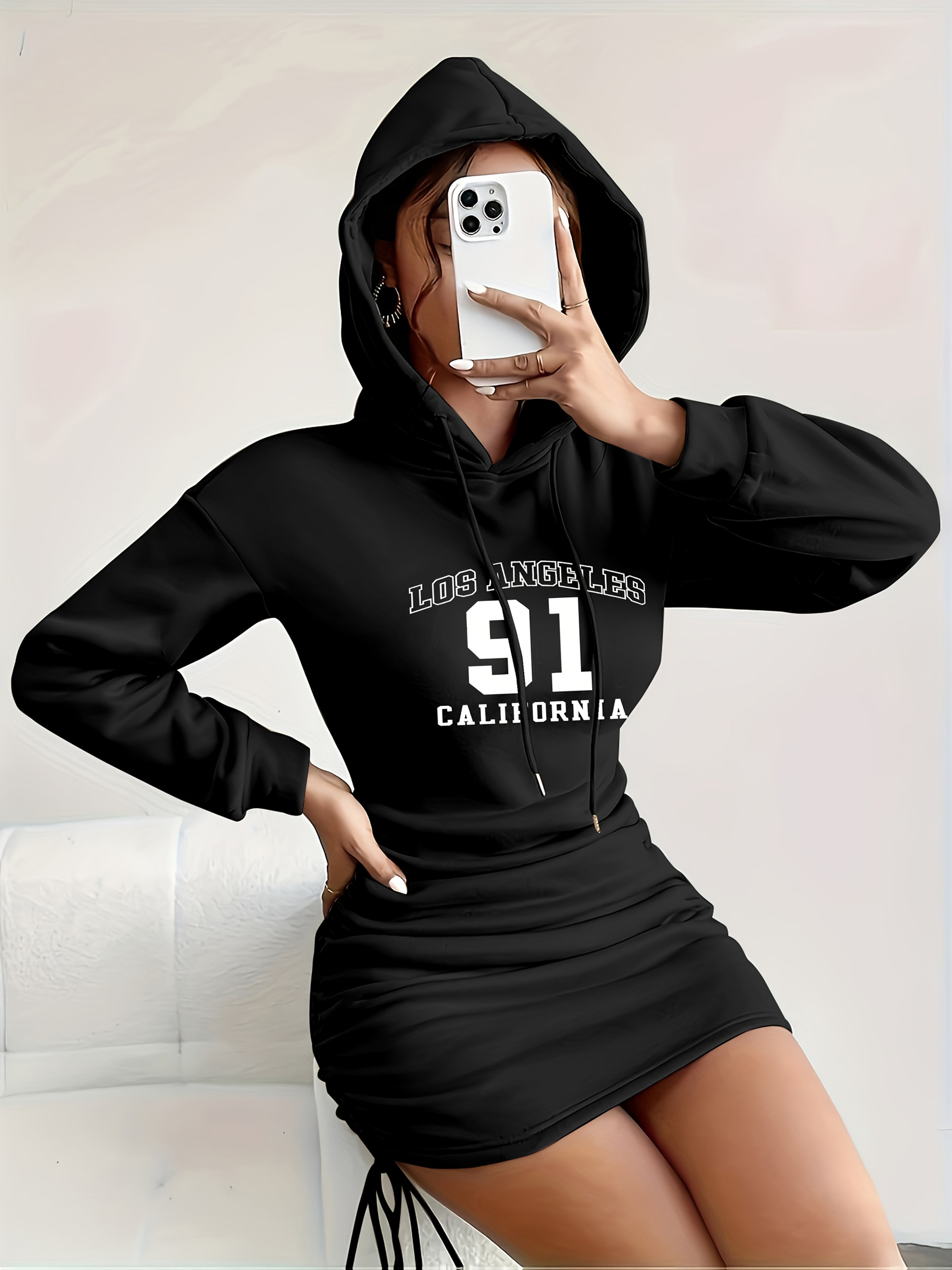 Palm Tree Letter Hooded Bodycon Dress - Drawstring Waist, Mid-Elastic Polyester, Casual Fall & Winter Wear, Alphabets Pattern, Positioning Printing, Knit Fabric - Womens Fashionable Clothing for Adults