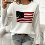 Women's Casual Long Sleeve Pullover Sweater with American Flag Pattern, Round Neck, Stretch Knit Fabric, Regular Fit, Autumn/Winter Fashion - For Women - Perfect for Casual Wear, Fall & Winter - Ideal Gift for Patriotic Fashi