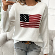 Women's Casual Long Sleeve Pullover Sweater with American Flag Pattern, Round Neck, Stretch Knit Fabric, Regular Fit, Autumn/Winter Fashion - For Women - Perfect for Casual Wear, Fall & Winter - Ideal Gift for Patriotic Fashi