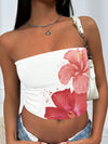 Women's Y2K Floral Print Tube Top - Stretchy, Non-See-Through Casual Sleeveless Shirt with Vibrant Hibiscus Design, Machine Washable, White, Beachwear | Crop Top | Stretchy Fabric