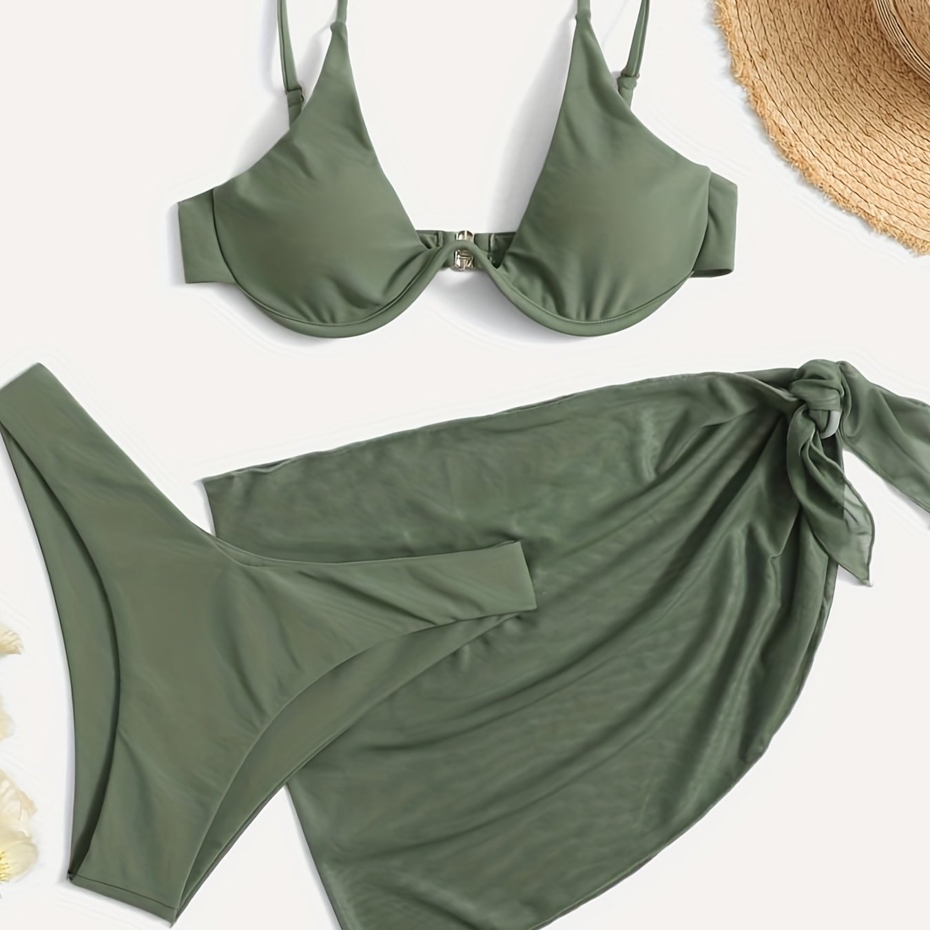 3 Piece Set Deep V Neck Stretchy Wrap Solid Color Spaghetti Strap Bikini With Mesh Tie Side Cover Up, Women's Swimwear & Clothing