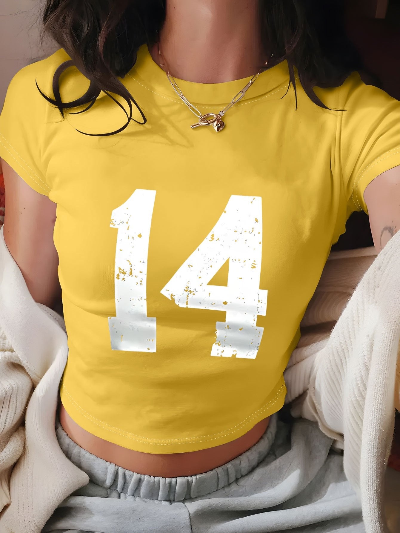 Women's Y2K Geometric Number 14 Print Crop T-Shirt - Soft Casual Top, Light Yellow with White Numerals, Spring Summer Versatile Tee, Distressed Style, Machine Washable Fabric, Comfortable Fit