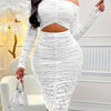 Semi-Sheer Off the Shoulder Bodycon Dress - High Elasticity, Ruched, Long Sleeve, Cut Out, Elegant, Customized - Spring & Fall, Polyester, Knit Fabric, Solid Color