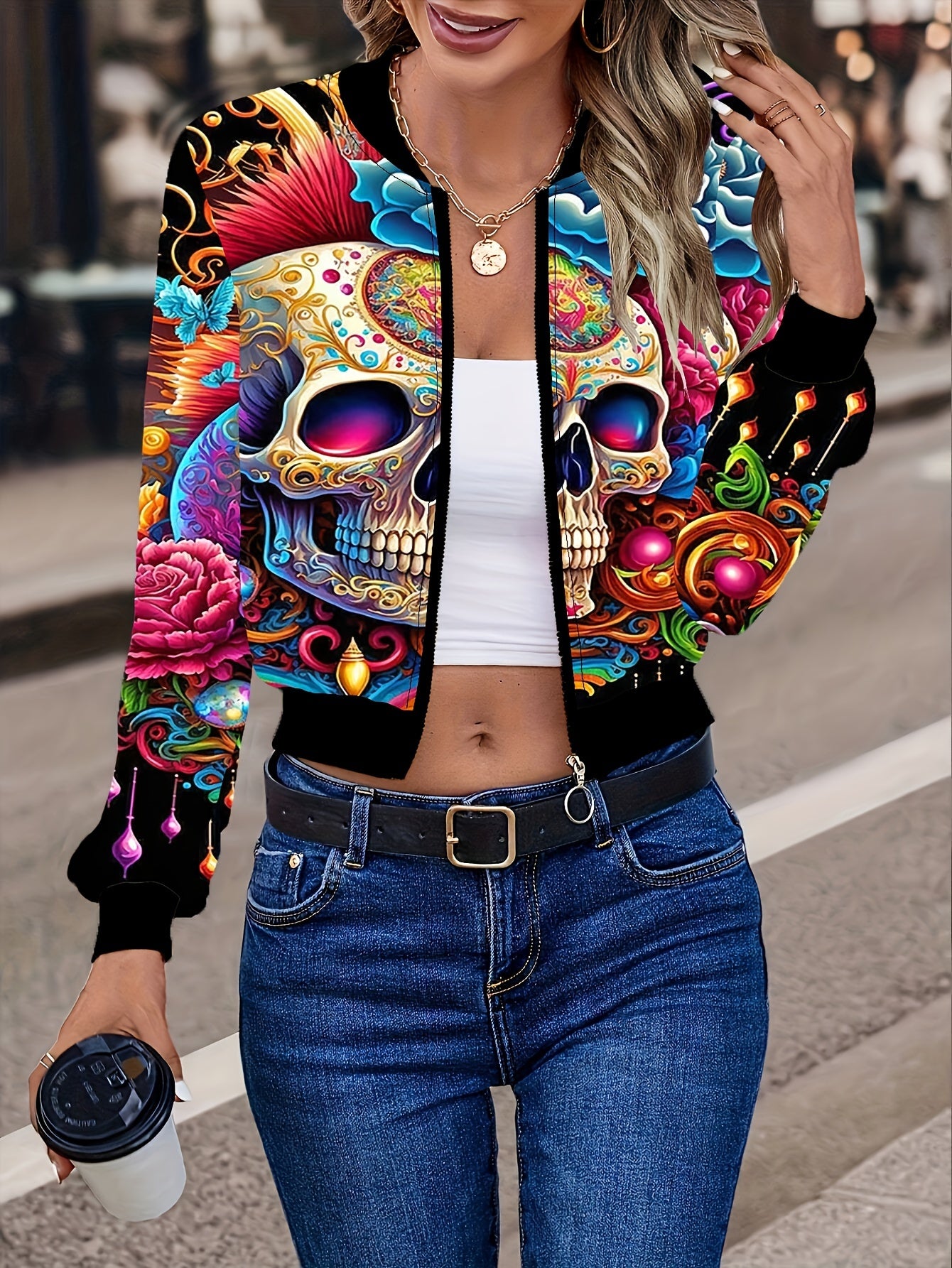 Vibrant Floral & Skull Print Zip-Up Jacket - Long Sleeve, Casual, Spring & Fall Essential, Women's Fashion Clothing with Adjustable Waist and Comfortable Fit