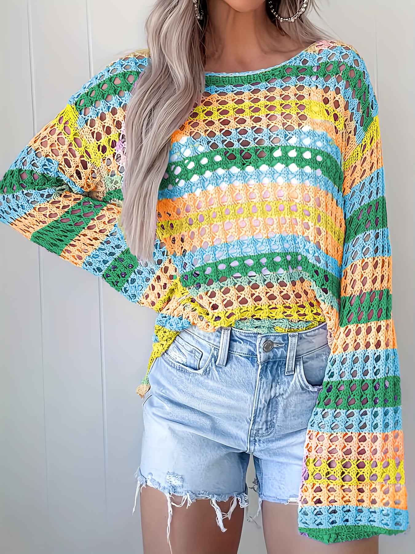 Women's Bohemian One-Shoulder Crochet Cover-Up - Lightweight Lace- Beach Top with Color-Block Design, Short Front & Long Back, Multi-Color Pastel Shades for Spring/Summer Vacation Poolside Casual Wear, Curve Beachwear