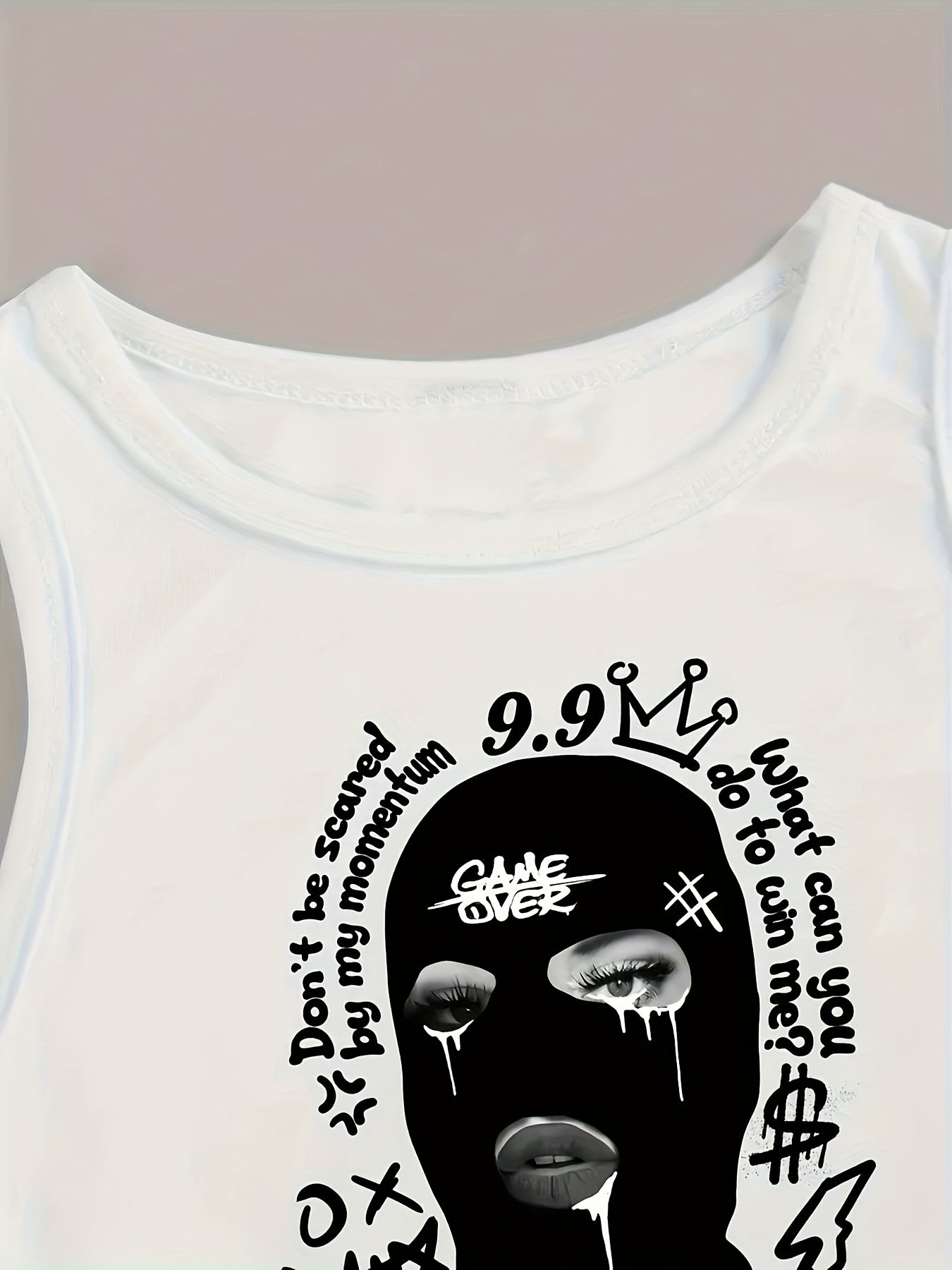 Women's Stylish Graphic Print Tank Top - Sleeveless Crew Neck Crop Top with Bold Portrait Design, "I'm Not a Foodie" Quote & Stars, White Polyester Knit for Spring & Summer Casual Wear