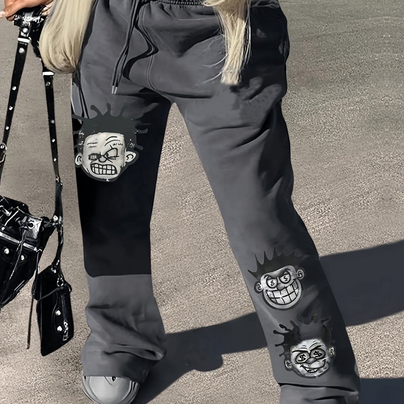 Y2K Wide Leg Polyester Pants with Cartoon Portrait Print - Fall/Winter Knit Fabric Trousers, 95% Polyester 5% Spandex, Adult Unisex
