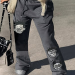 Y2K Wide Leg Polyester Pants with Cartoon Portrait Print - Fall/Winter Knit Fabric Trousers, 95% Polyester 5% Spandex, Adult Unisex
