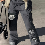 Y2K Wide Leg Polyester Pants with Cartoon Portrait Print - Fall/Winter Knit Fabric Trousers, 95% Polyester 5% Spandex, Adult Unisex