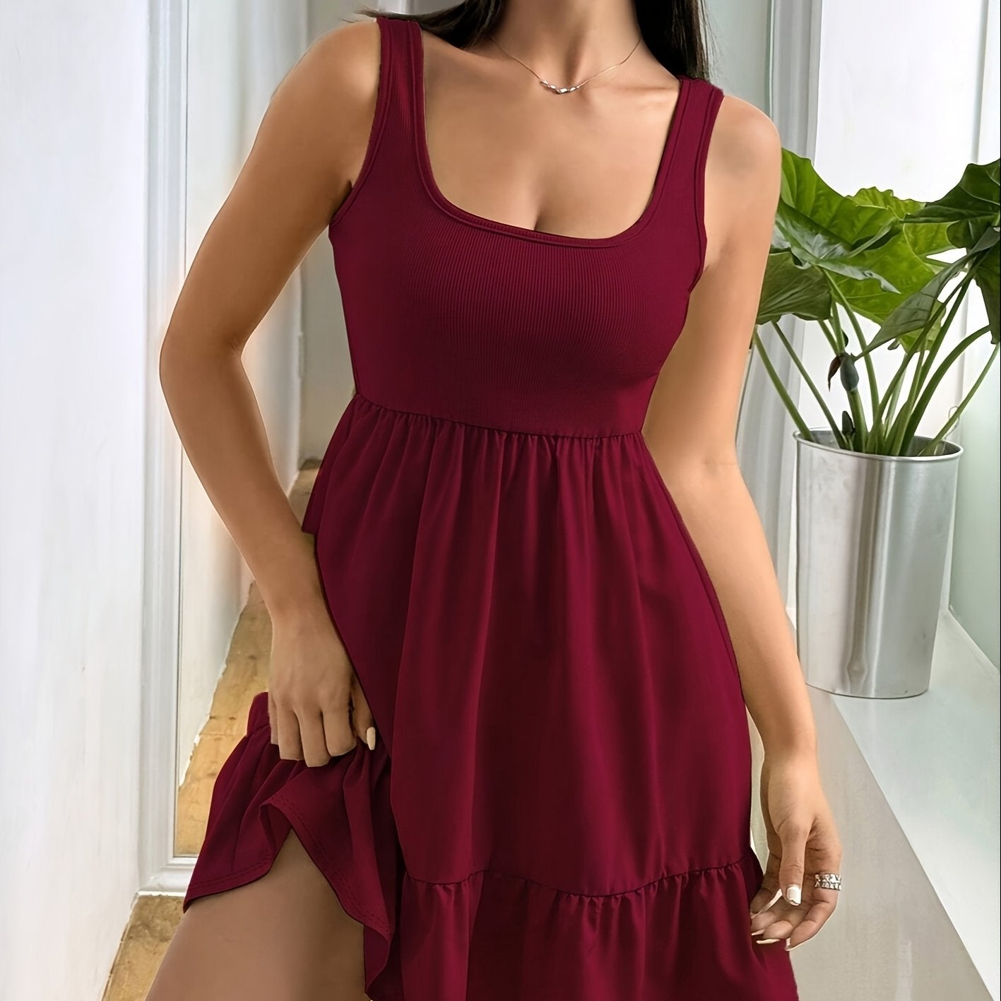 Women's Stylish Sleeveless Ruffle Hem Dress - Stretchy Polyester Blend, Off-Shoulder Design, Dark Blue, Perfect for Vacation or Casual Outings, Vacation Wear | Sleeveless Elegance | Smooth Texture