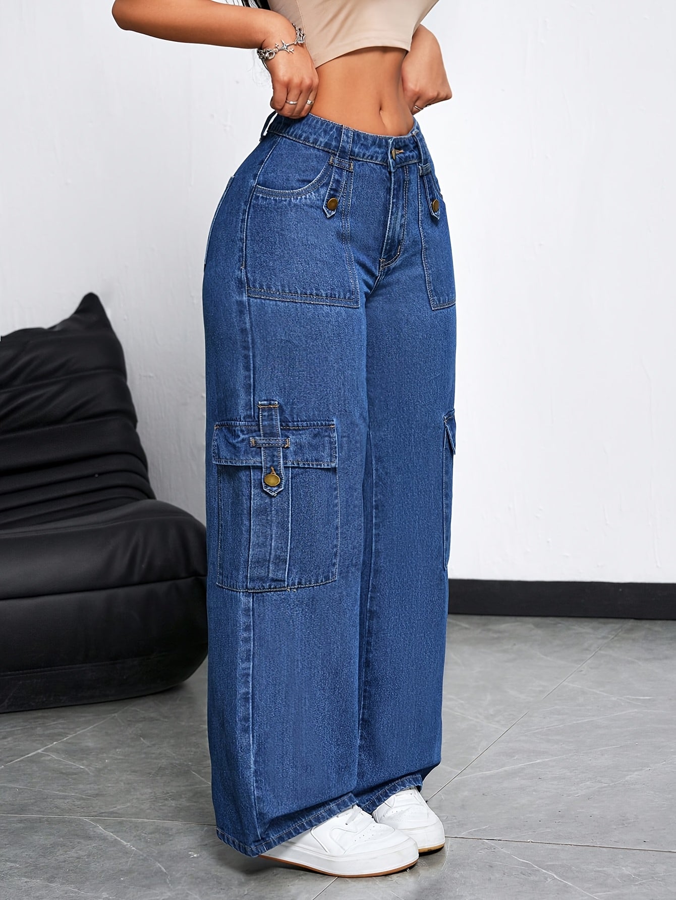 Women'S High-Waisted Cargo Jeans with Multiple Pockets - Stretch Denim, Raw Wash Finish, Straight Leg, Casual Streetwear Style, Blue, Casual Streetwear | Multi-Pocket Design | Comfortable Fit Jeans