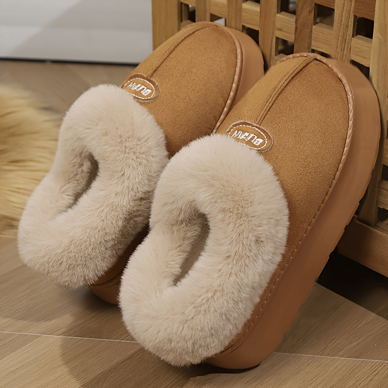 Women'S Preppy Solid Color Slip on Furry Slippers, Soft Warm Plus Fleece House Shoes with Round Toe, EVA Sole, Fabric Upper and Inner Material, Casual All-season Slippers