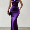 [Purple Bodycon Dress] Purple Elegant Bodycon Midi Dress | V-Neck, Ruched Side, Stretchy Polyester Blend, Perfect for Spring & Summer Events | Smooth Glossy Texture, Spring Fashion