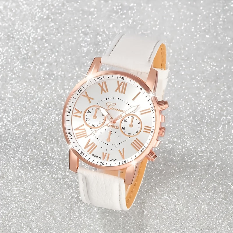 12pcs Fashion Men's and Women's Quartz Watch Set, Round Zinc Alloy Case, PUPU Leather Strap, No Battery Required, Available in Multiple Colors, with Button Battery