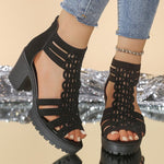 Openwork European And American Vintage-style Versatile High-heeled Sandals With A Back Zipper