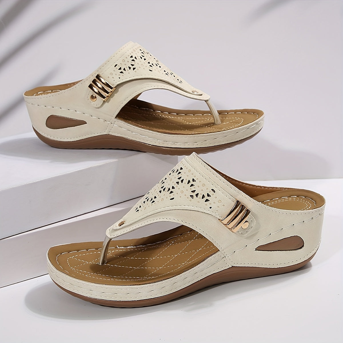 Women's Open Toe Wedge Slide Sandals – Perforated Faux Cover, Arch Support, Hook-and-Loop Closure, Soft Rubber Sole, All-Season Comfort