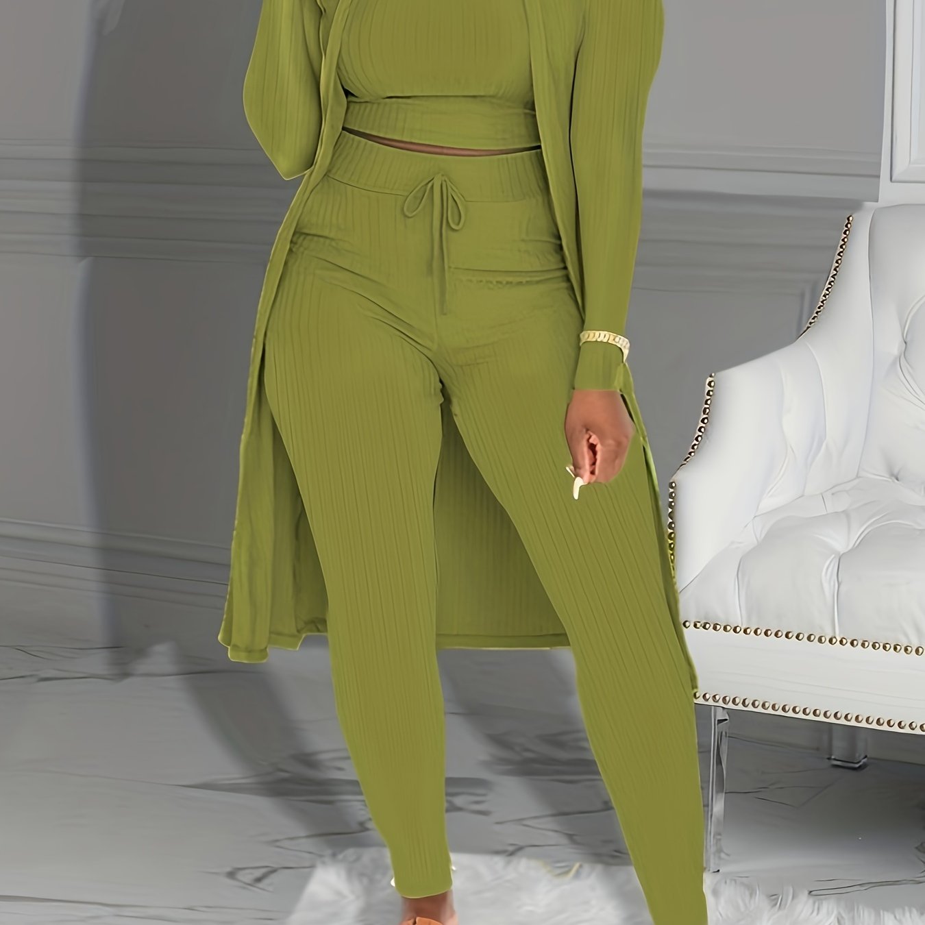 Three-piece Set of Ribbed Solid Casual Outfits, Open Front Long Sleeve Cardigan & Tank Top & Lace Up Pants, Women's Clothing